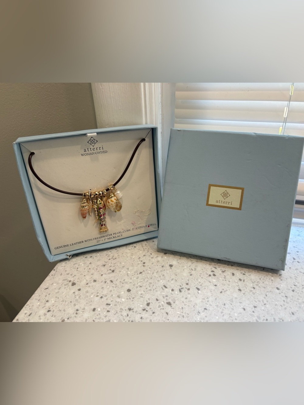 NIB -Atterri Gold Fish Charm Leather Necklace with Shell & Pearl